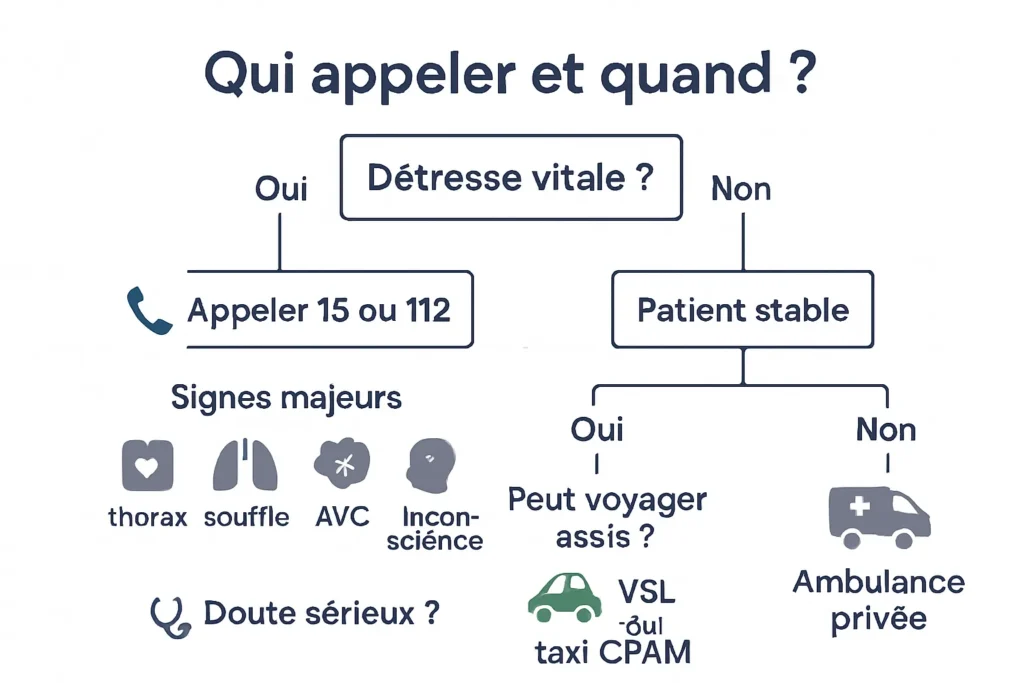 Arbre décisionnel SAMU 15, ambulance privée ou VSL selon l’urgence