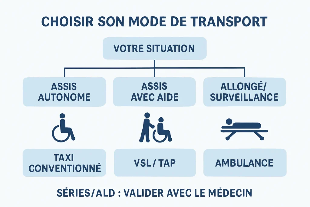 Schéma d’aide au choix entre taxi conventionné, VSL et ambulance
