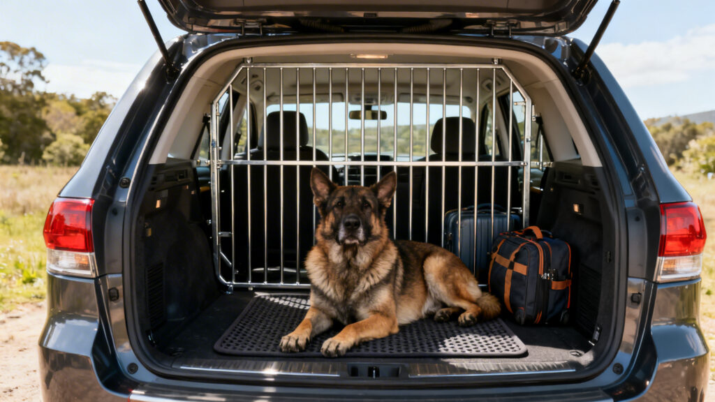 Grille de séparation chien dans un coffre de SUV, visibilité préservée