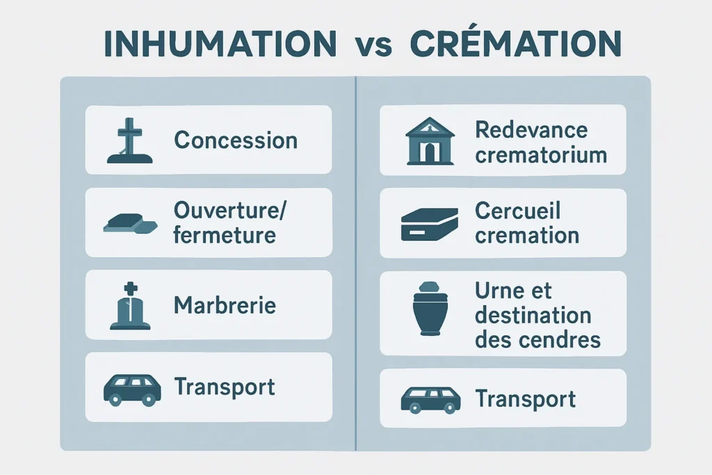 Comparaison coûts crémation et inhumation par postes