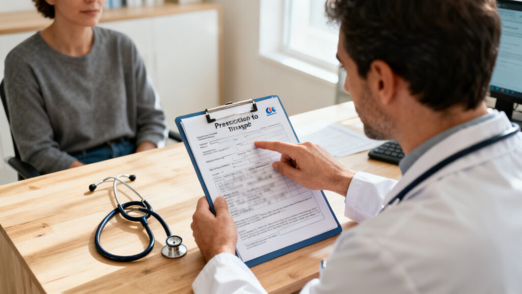 Médecin expliquant la prescription médicale de transport au patient