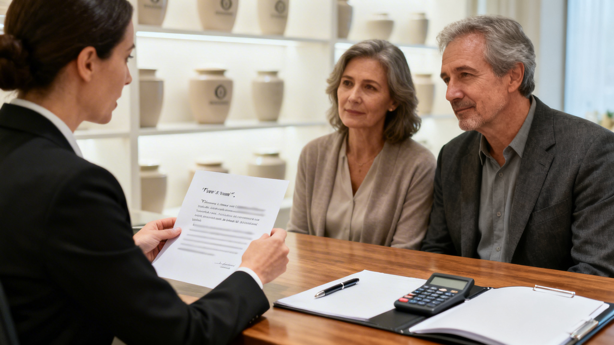 Conseiller expliquant les prix et prestations des pompes funèbres