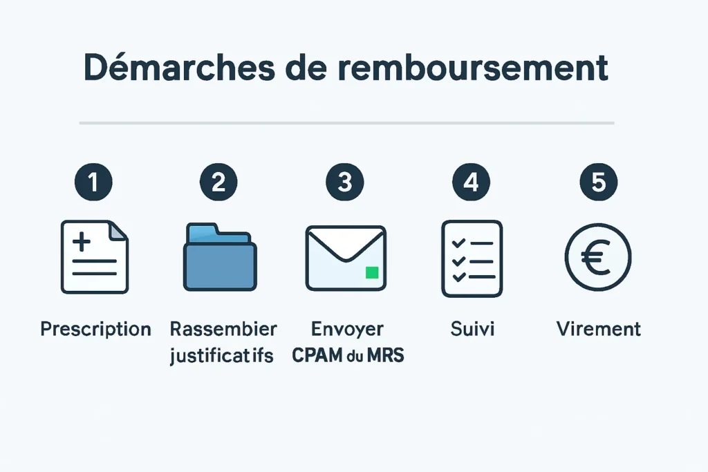 Infographie étapes : prescription, justificatifs, envoi CPAM ou MRS, suivi, virement
