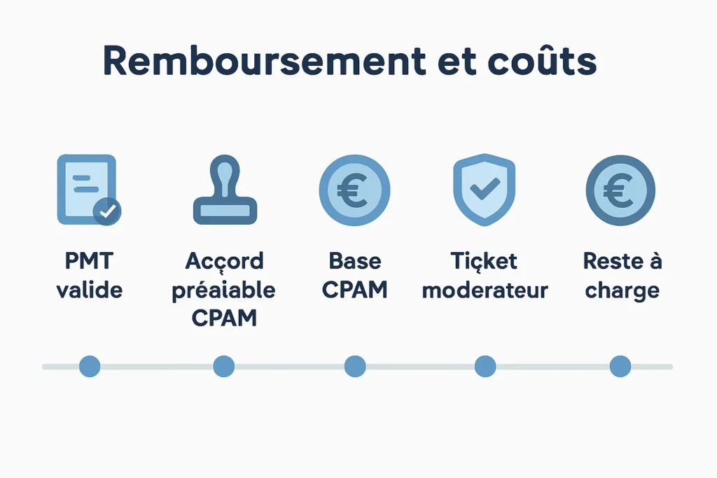 Infographie PMT, accord préalable CPAM, base, ticket modérateur, mutuelle