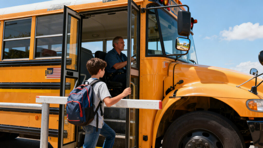 Élève monte dans un car scolaire à un arrêt sécurisé