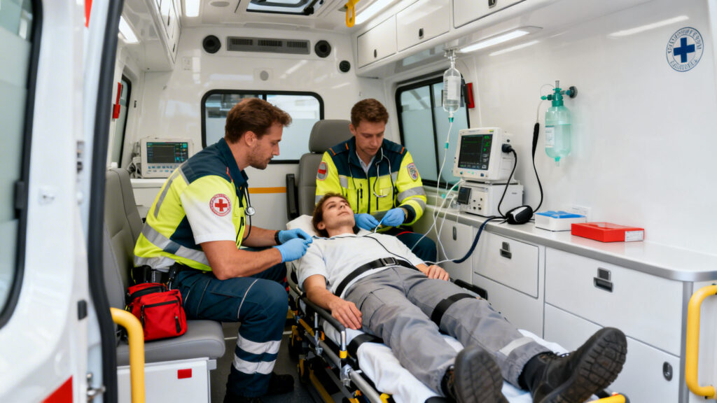 Équipe d’ambulanciers diplômés avec matériel embarqué en surveillance