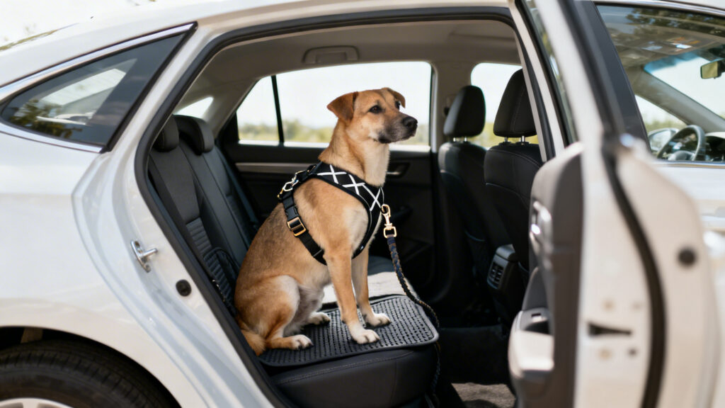 Harnais voiture chien fixé à la ceinture, placement siège arrière