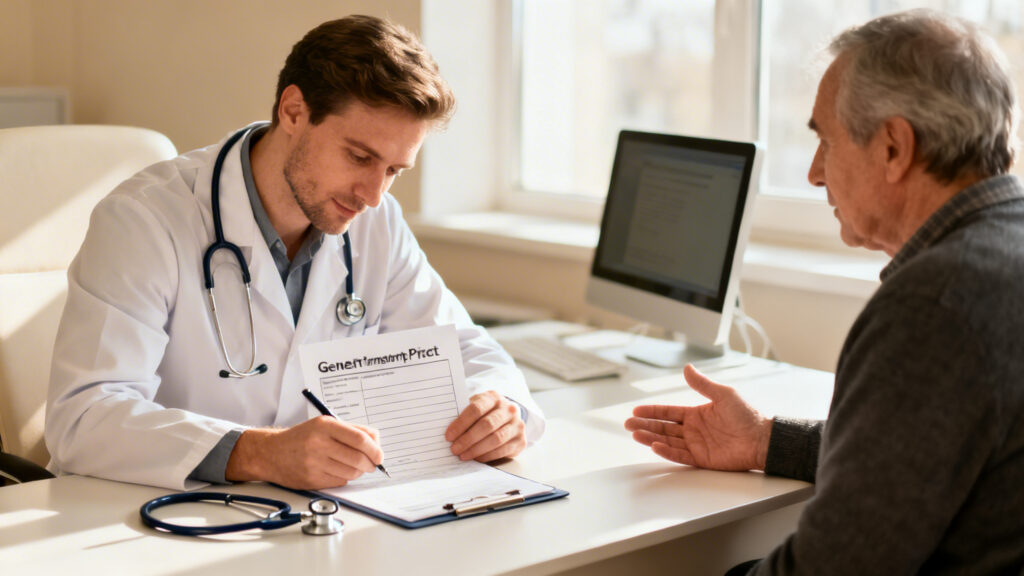 Médecin rédige un bon de transport VSL au cabinet