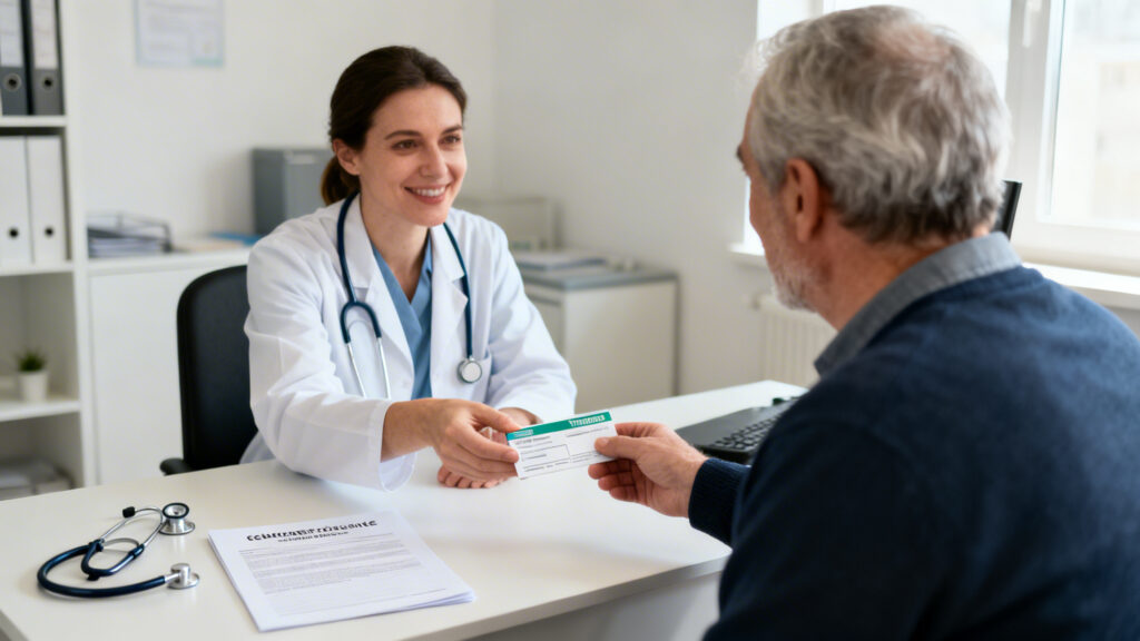 Médecin remet une prescription de transport à un patient
