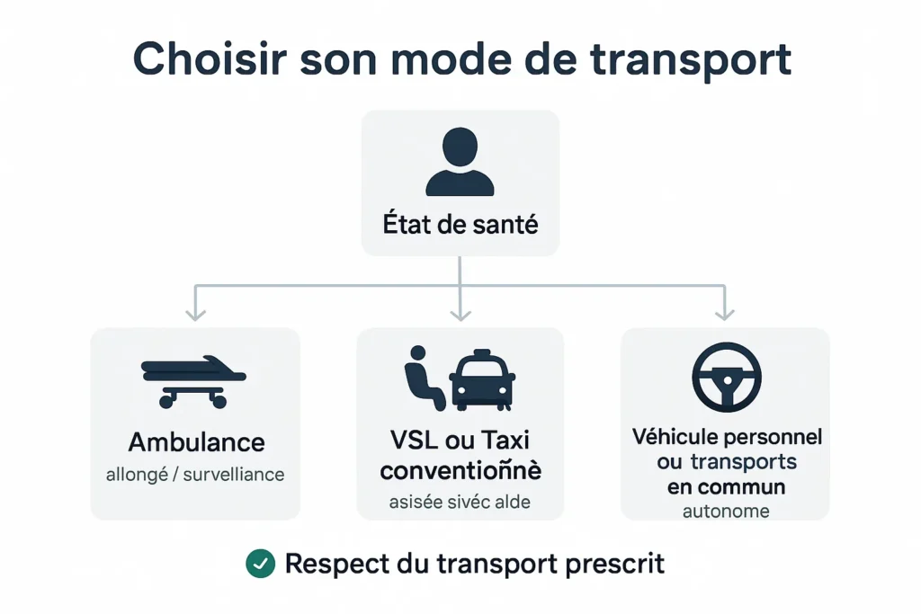 Schéma choix du mode de transport : ambulance, VSL, taxi, véhicule personnel