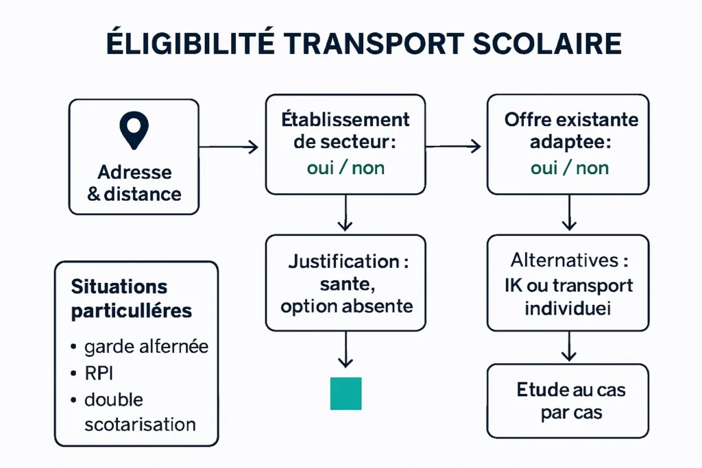 Schéma des critères d’éligibilité : distance, secteur, offre et cas particuliers