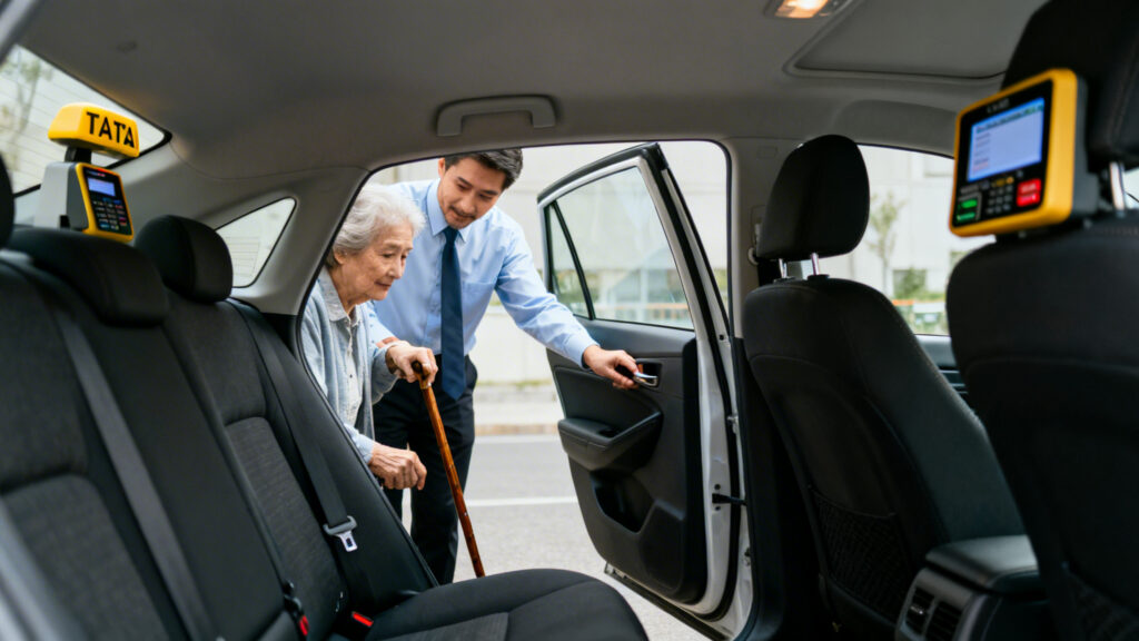 Chauffeur de taxi conventionné CPAM aide un patient assis