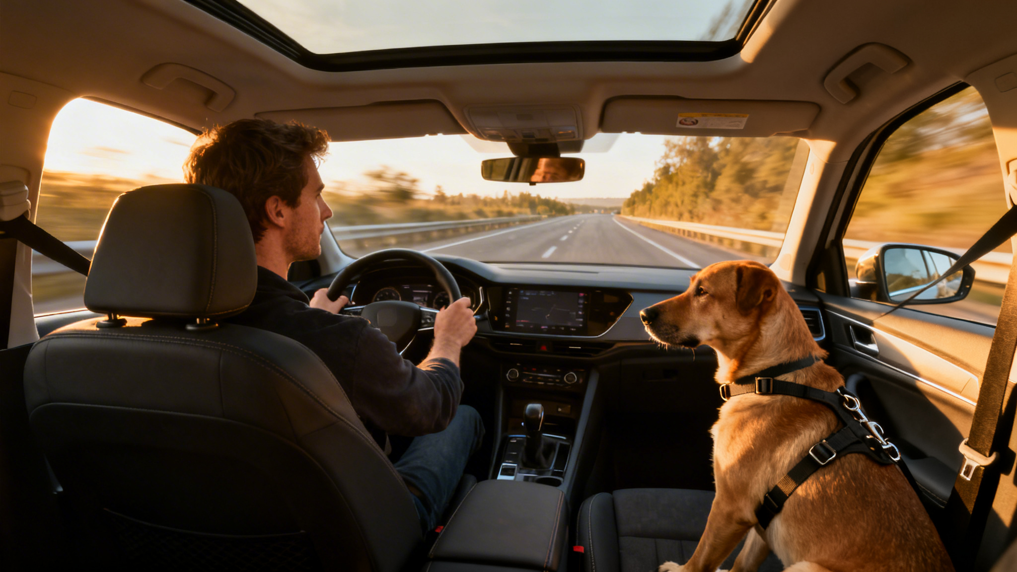 Chien attaché à la ceinture, illustrant les règles du transport des animaux en véhicule