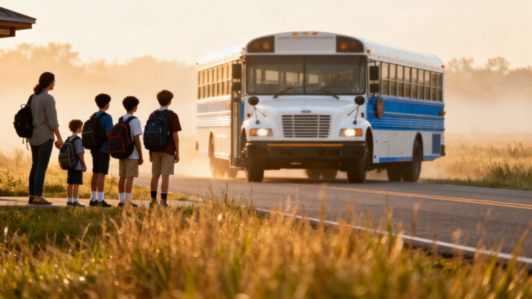 Car scolaire à l’arrêt, enfants prêts à monter, contexte de fonctionnement et prise en charge
