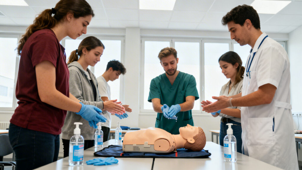 Stagiaires pratiquant gestes d’urgence et protocoles d’hygiène