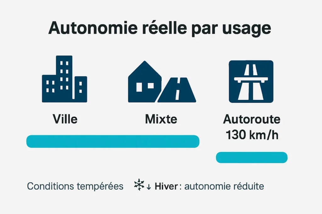 Autonomie réelle Mustang électrique selon ville, mixte et autoroute