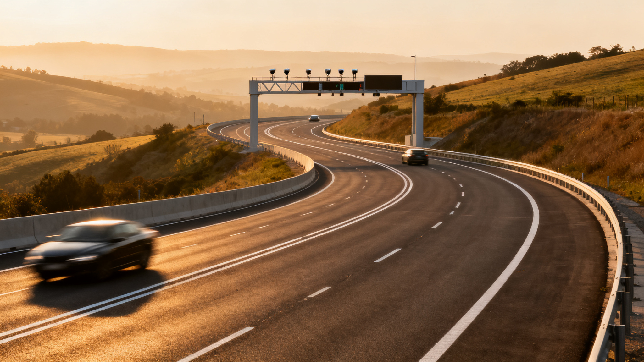 Nouvelle autoroute A69 avec portique de flux libre au loin