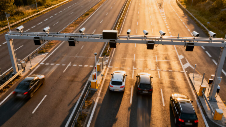 Voitures sur autoroute sans péage sous portique de flux libre