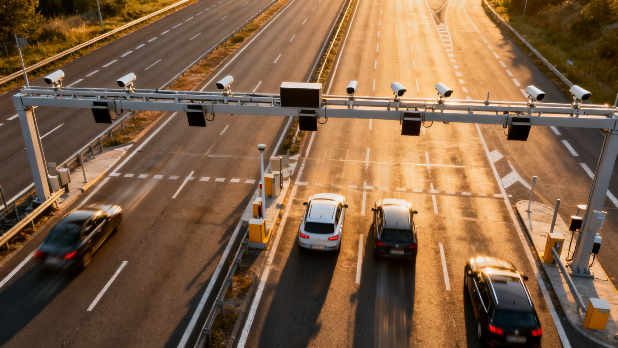 Voitures sur autoroute sans péage sous portique de flux libre