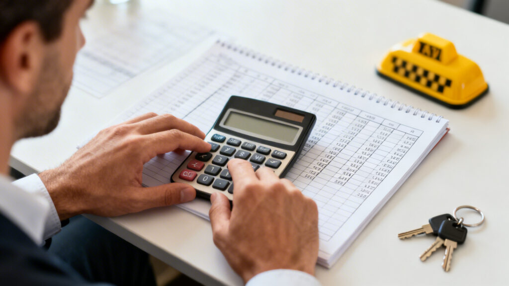 Calcul du salaire d’un chauffeur de taxi sur carnet et calculatrice