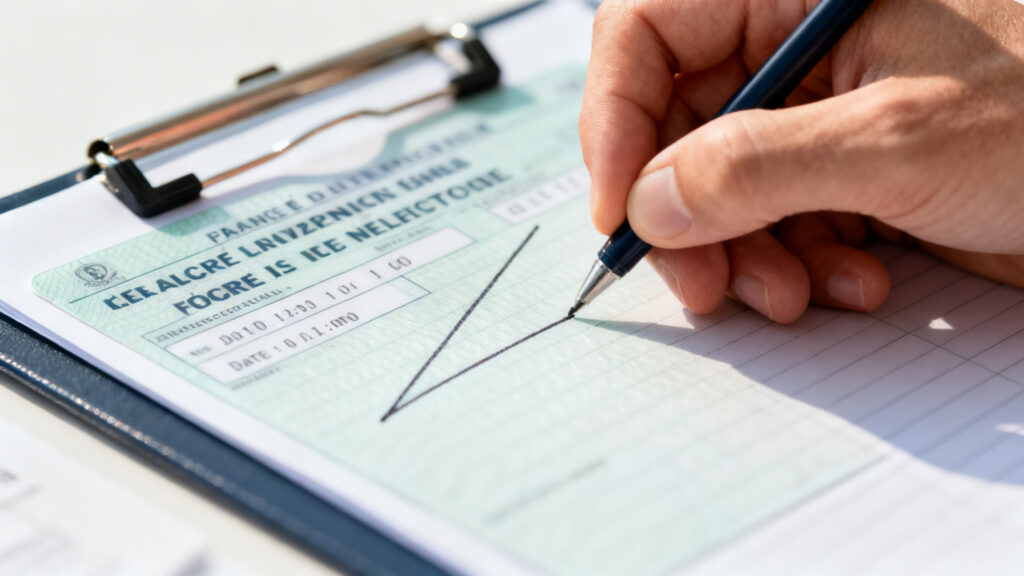 Main barrant une carte grise datée et signée