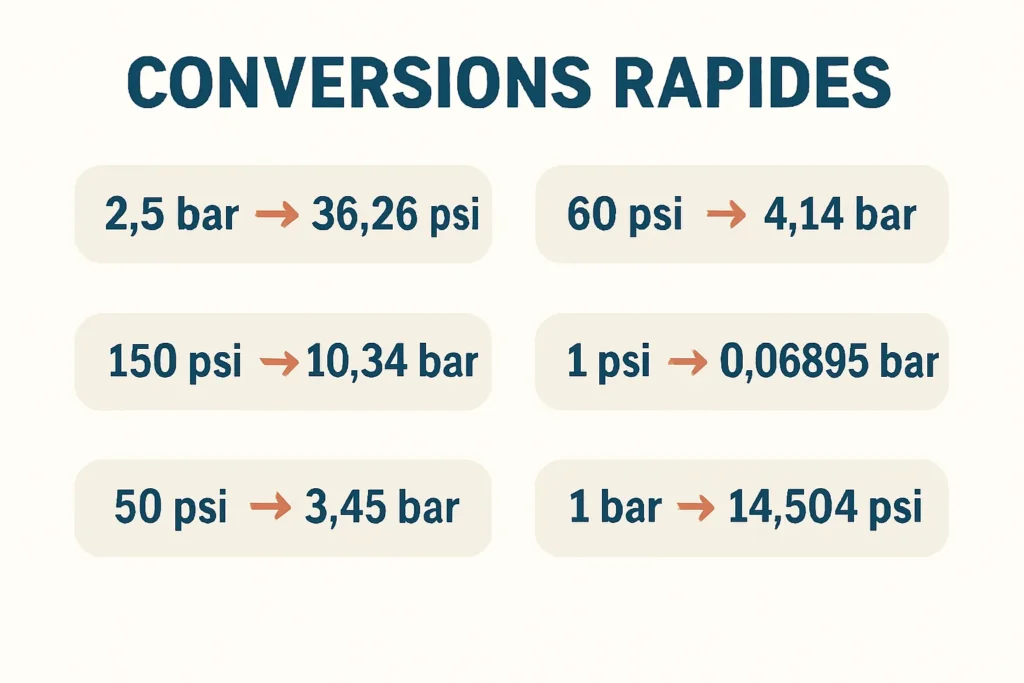 Carte des conversions 2,5 bar, 150 psi, 50 et 60 psi