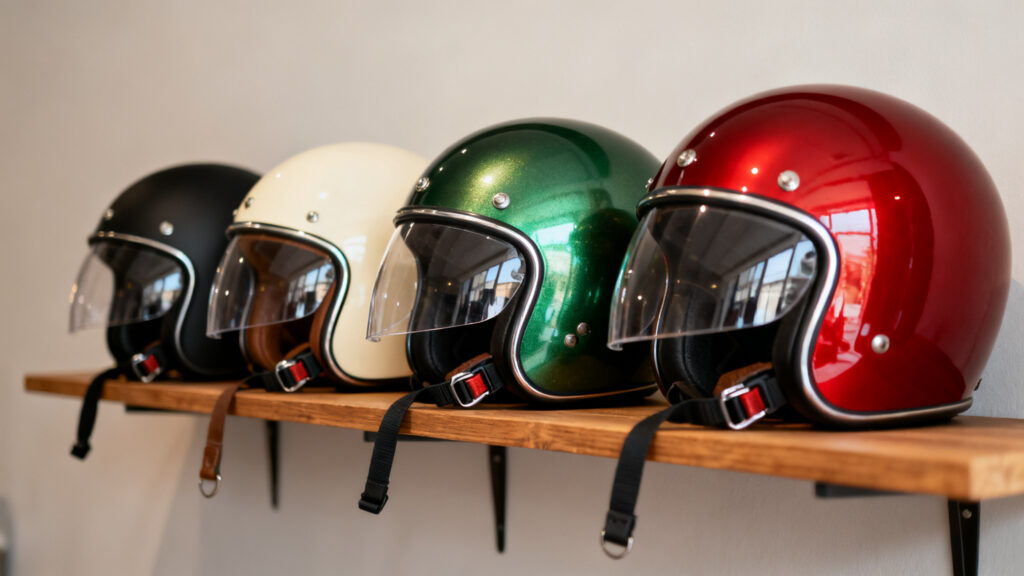 Casques jet alignés avec visières longues et boucles micrométriques