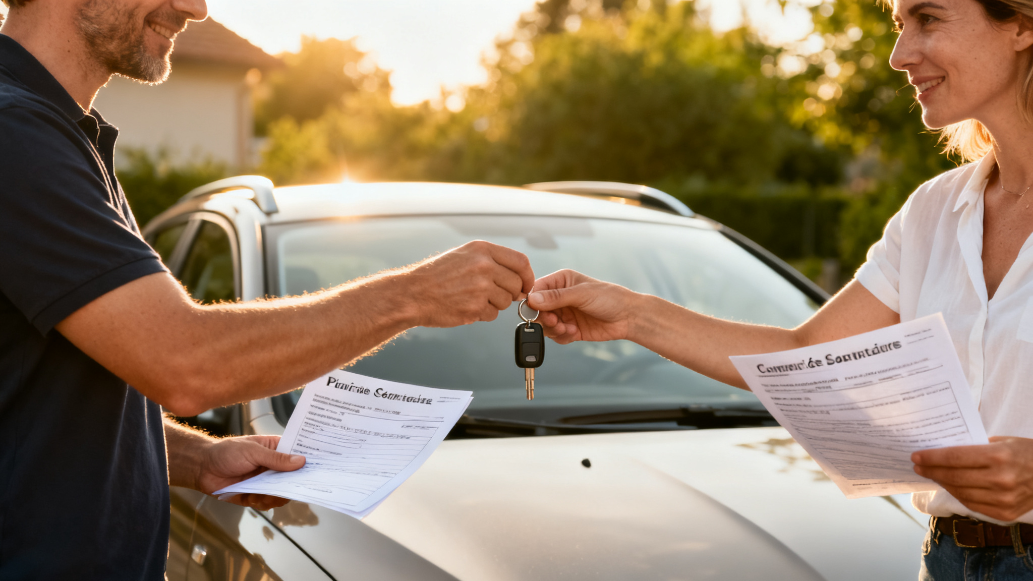 Deux particuliers cèdent une voiture, clés et documents sur capot
