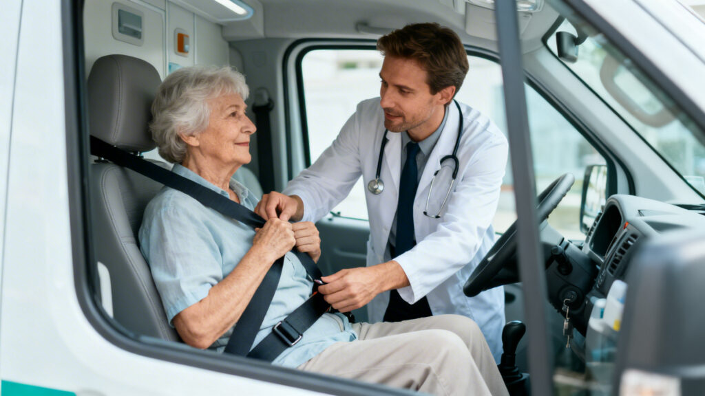 Chauffeur VSL aidant un patient assis, transport sanitaire