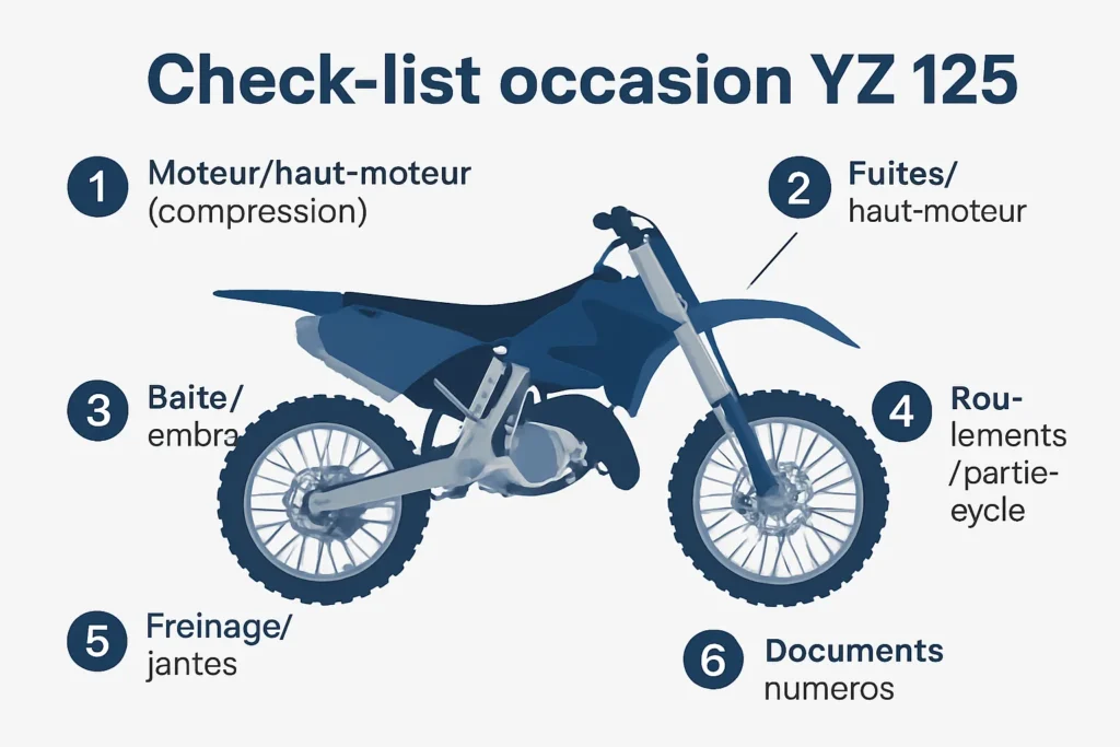 Schéma check-list YZ 125 moteur, châssis, freins et documents