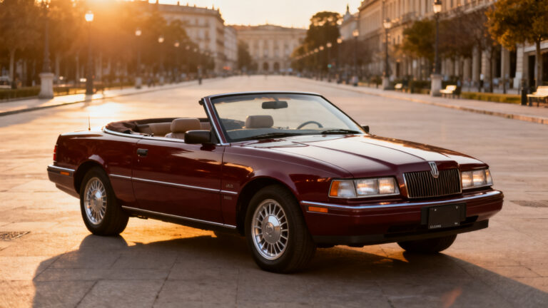 Cabriolet Chrysler Le Baron bordeaux au coucher du soleil, vue trois-quarts avant