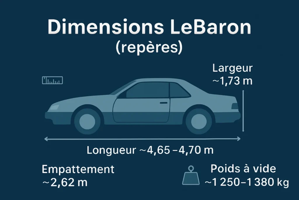 Schéma des dimensions et poids d’une LeBaron, longueur, largeur et empattement