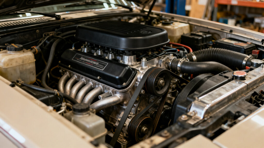 Compartiment moteur 3.0 V6 propre, courroie et périphériques visibles
