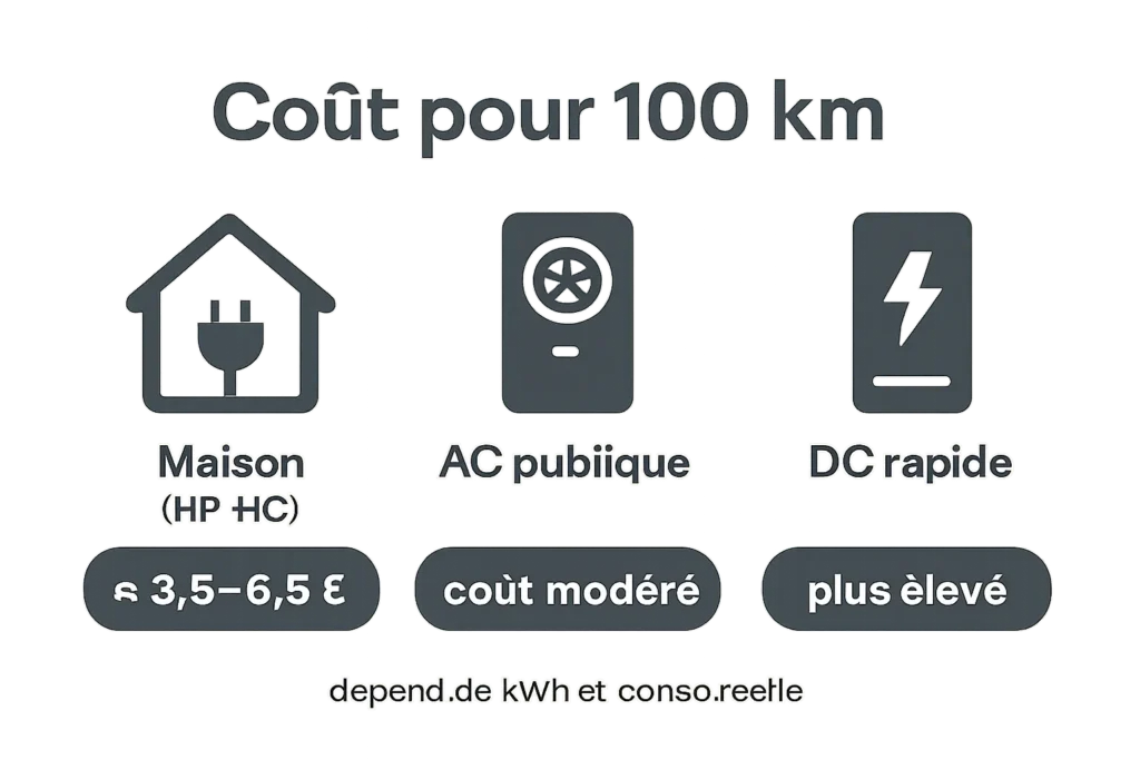 Coût pour 100 km à domicile, en AC publique et en DC rapide