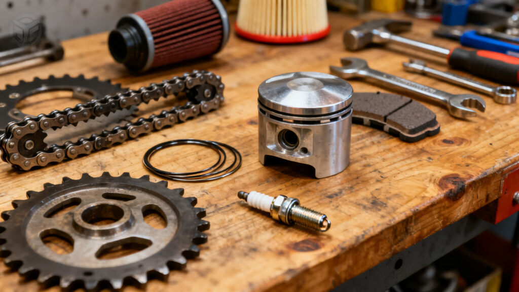 Piston, segments, kit chaîne et plaquettes de 125 2 temps