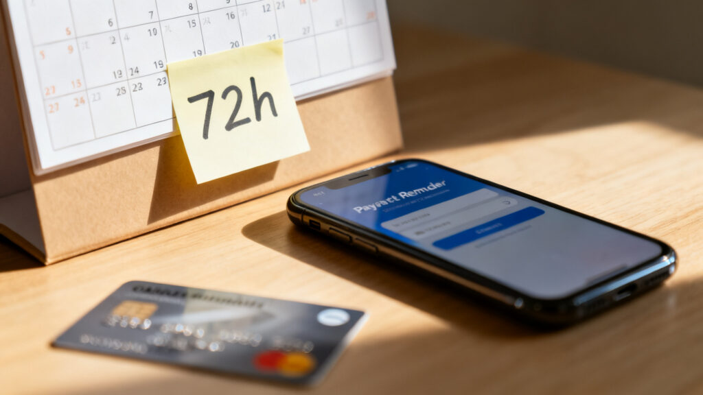 Calendrier 72 h et smartphone pour avis de paiement du péage