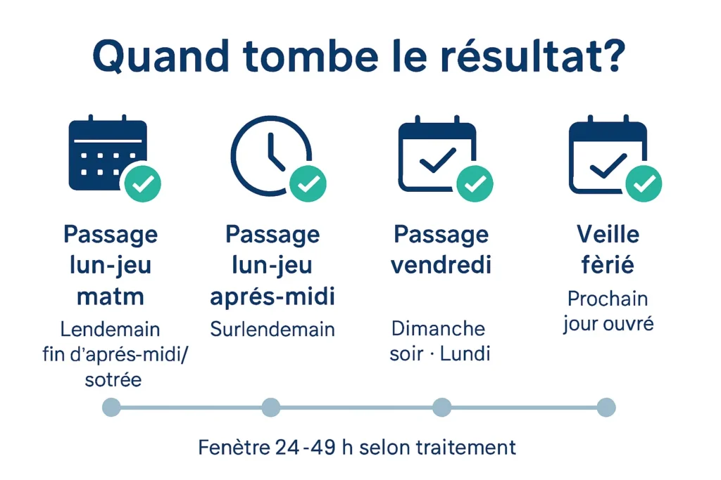 Timeline des délais 24-48 h selon jour et heure d’examen