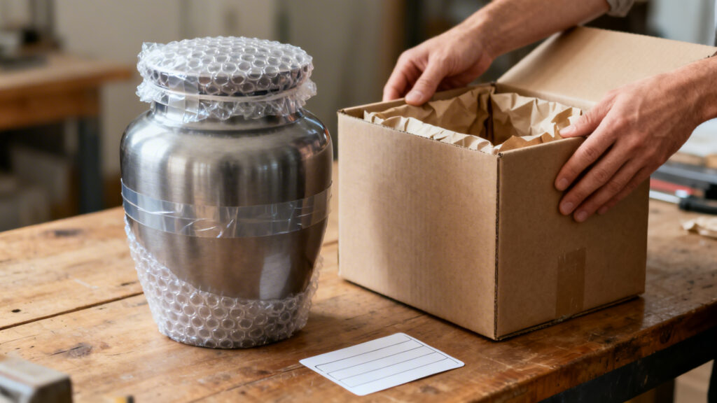 Double emballage d’une urne avec calage et suivi