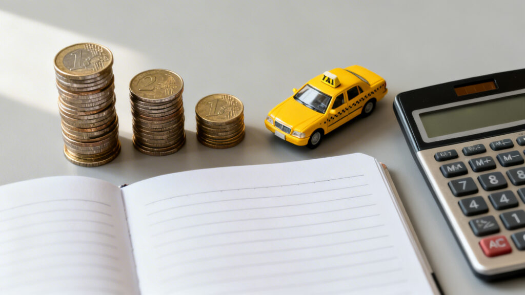 Trois scénarios de tarif assurance taxi illustrés par piles d’euros