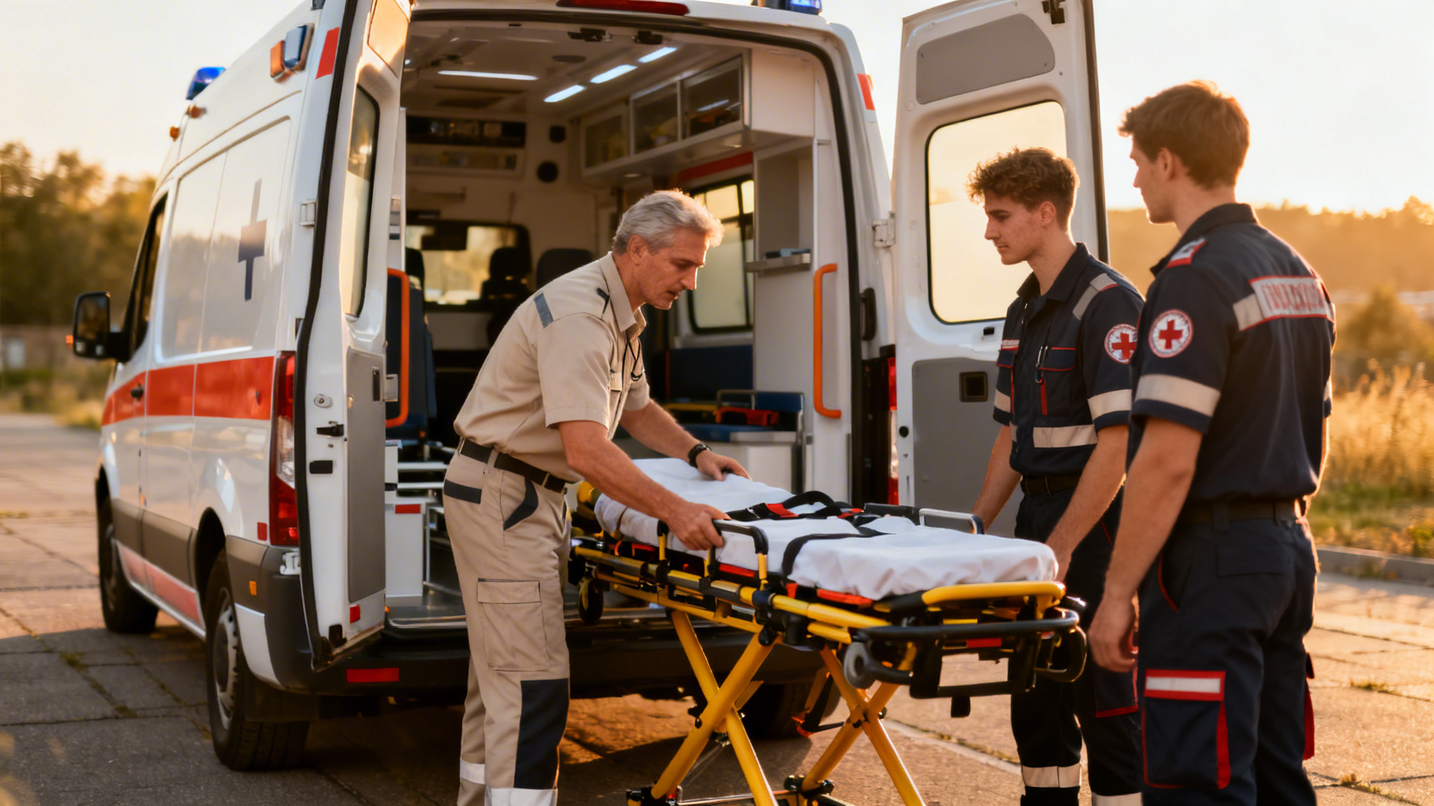 Session de formation d’auxiliaire ambulancier avec brancard