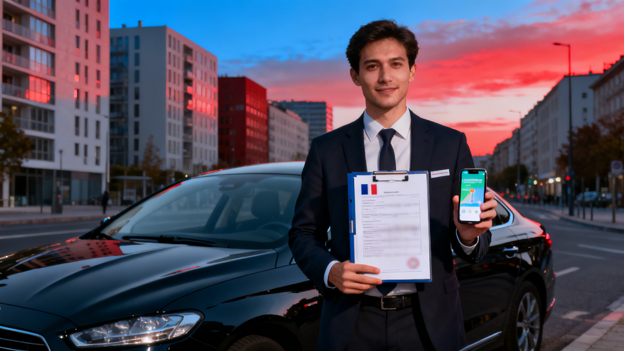 Candidat prêt à rouler après formation VTC Uber, berline noire
