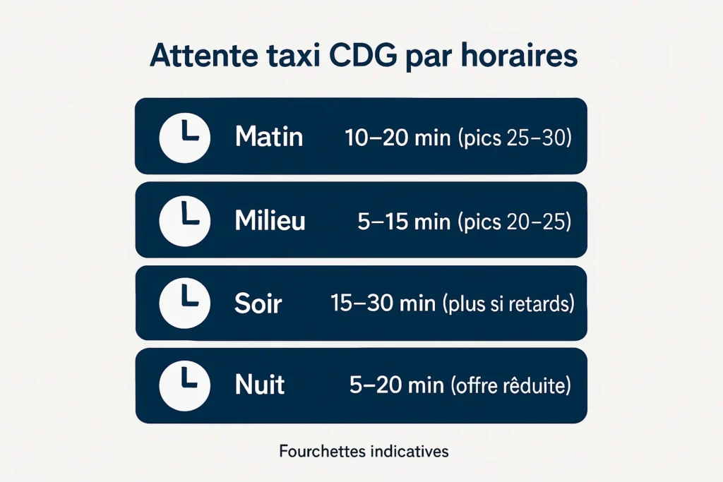 Attente taxi CDG par créneaux matin, journée, soirée, nuit