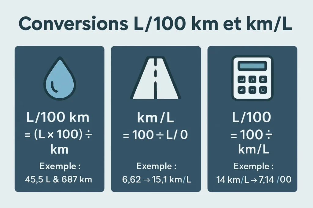 Formules L/100 km, km/L et exemples chiffrés