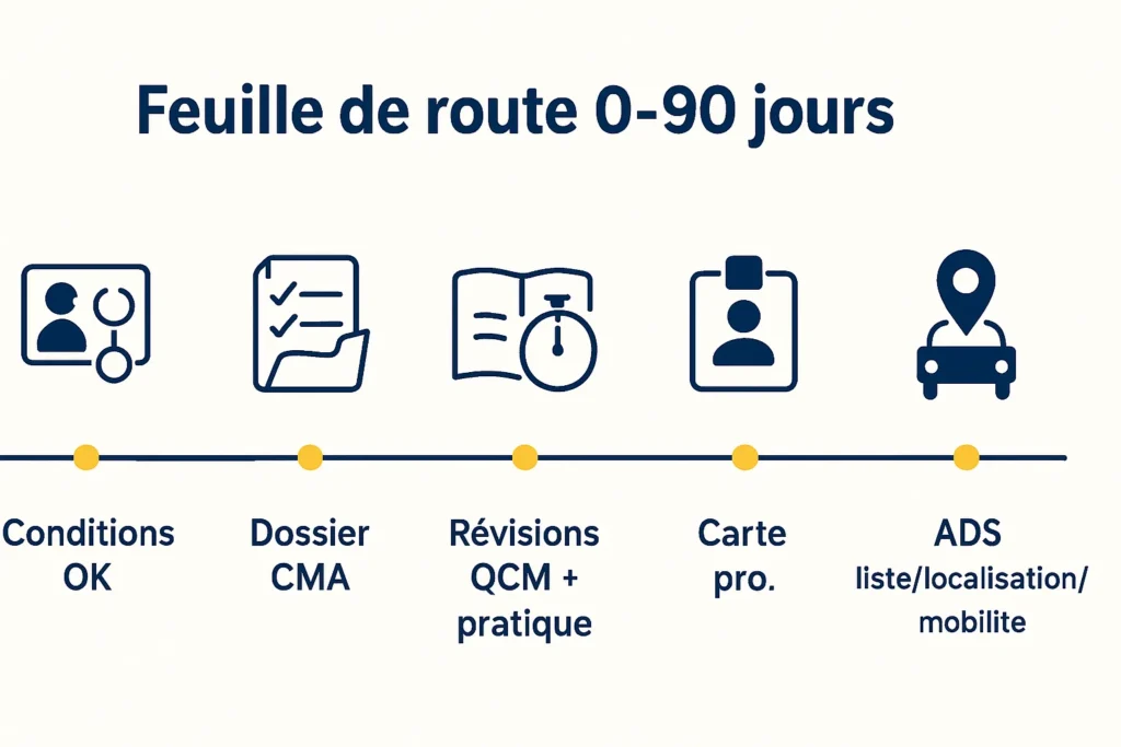 Schéma des étapes clés de 0 à 90 jours pour lancer l’activité taxi