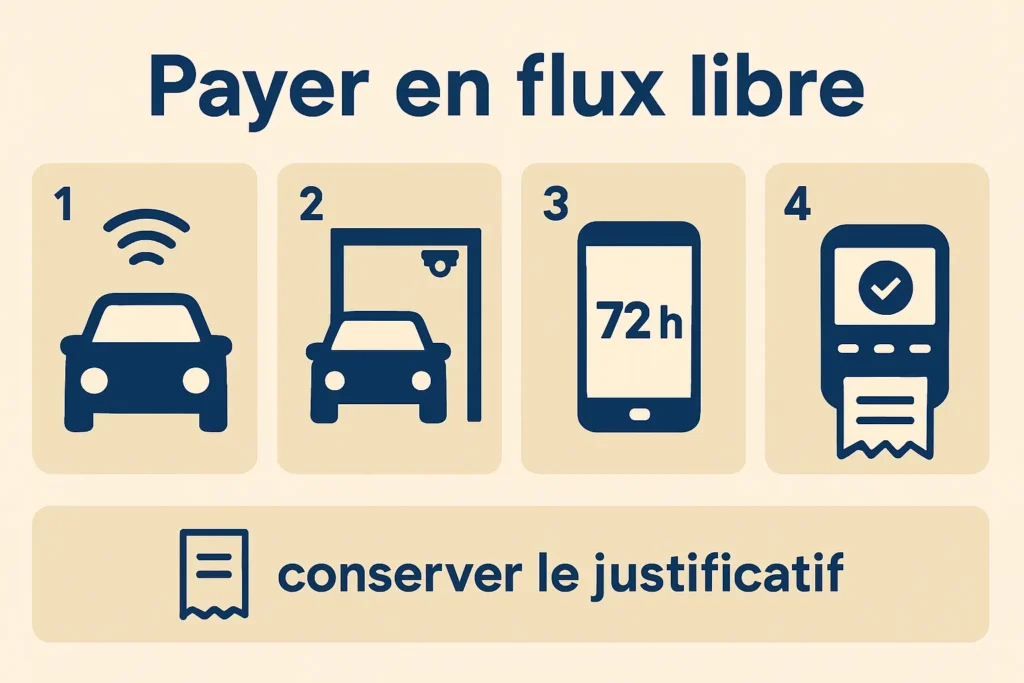Schéma des étapes pour payer un péage en flux libre sous 72 h