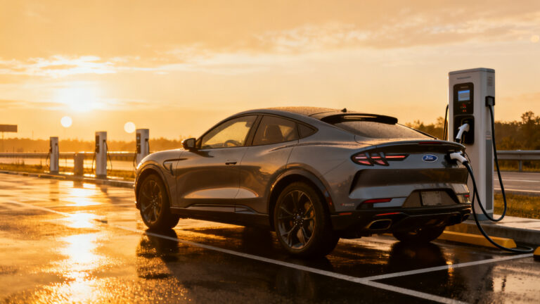 Mustang électrique en charge rapide sur autoroute au crépuscule