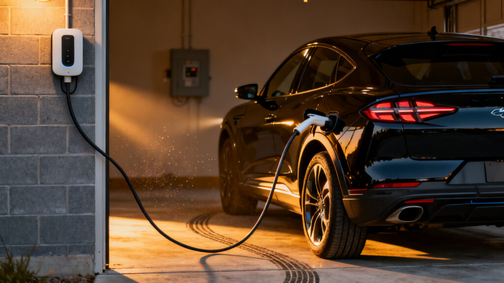 Mustang électrique branchée sur wallbox 11 kW à domicile
