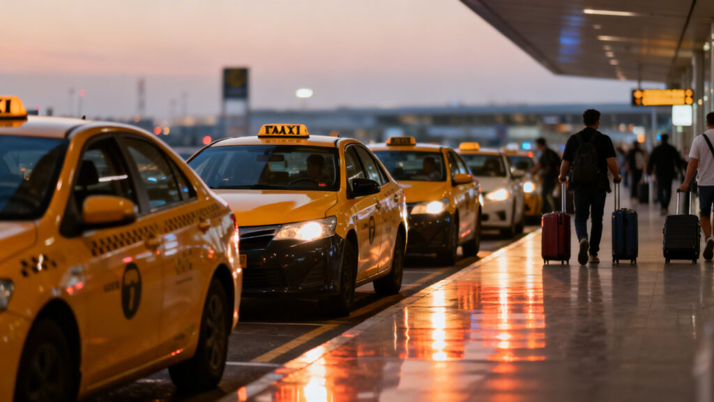 Queue de taxis en zone aéroport, forte offre et demande