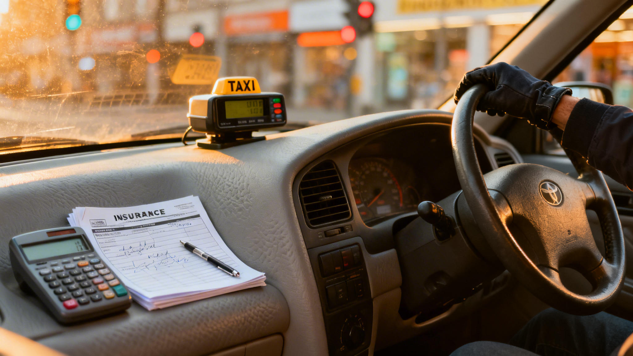 Chauffeur calcule le prix de l’assurance taxi au volant