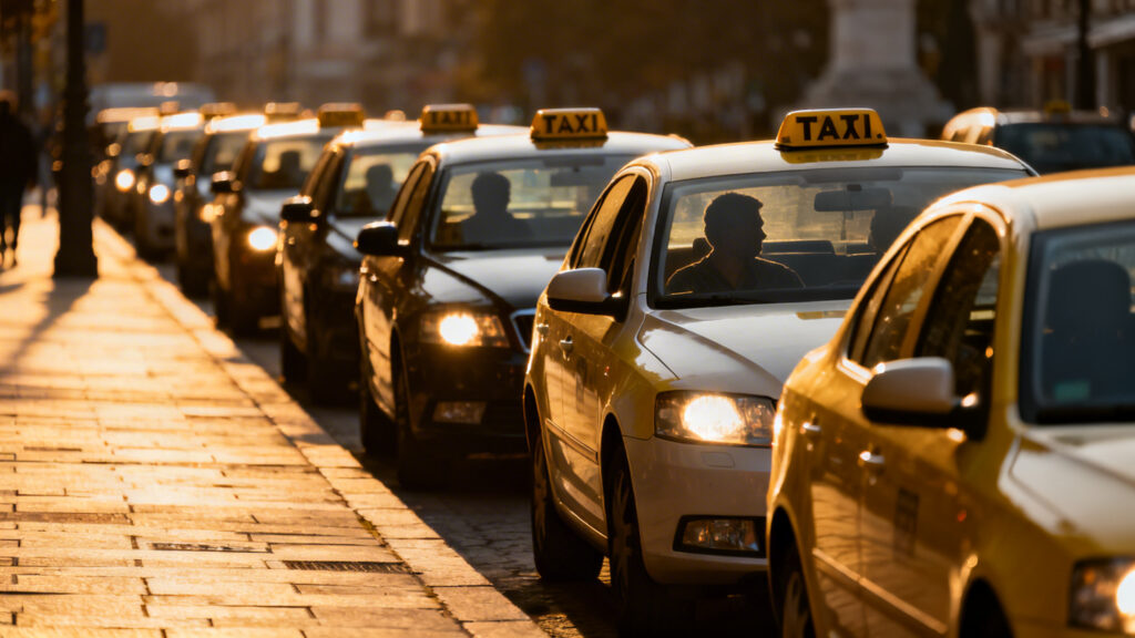Taxis en file dans une grande ville, marché des licences par ville